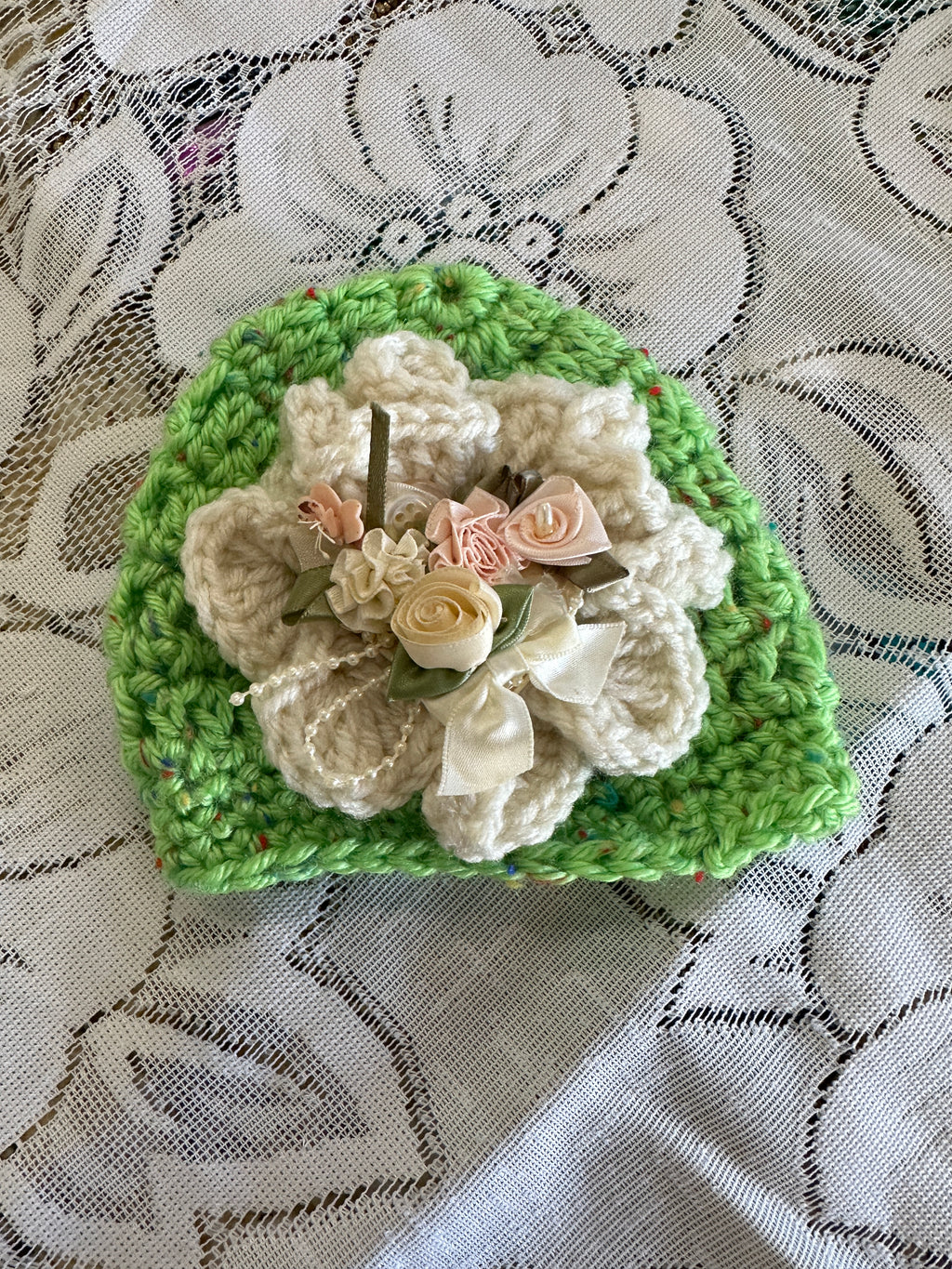 Lime Green Hand Crocheted Preemie Baby Beanie