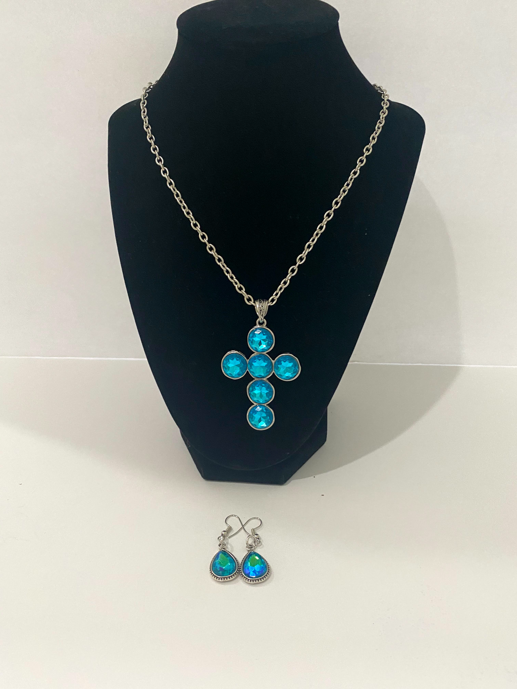 Turquoise Rhinestone Cross Necklace & Earrings